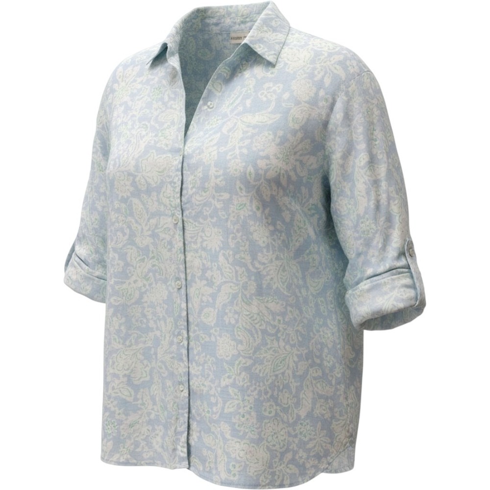 Rachel Zoe Womens XL 100% Linen Floral Paisley Roll Tab Button Down Shirt Blue